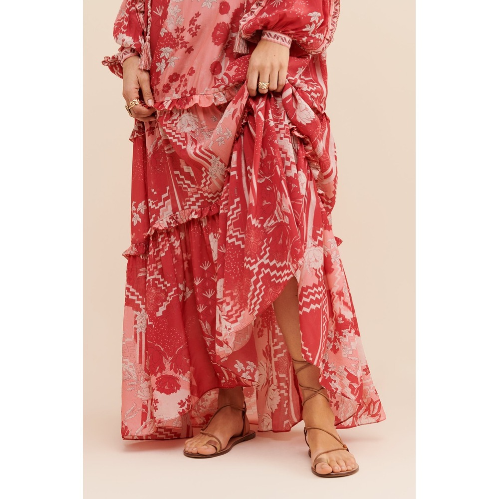 Chufy Paracas Caftan Dress S Red Pink Floral Tiered Maxi Boho Resort Luxury Vaca - Picture 3 of 15
